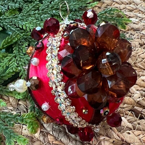 Beaded Push Pin Satin Thread Ball Christmas Ornament Mid Century Vintage Style - Picture 1 of 9